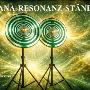 May include: Two circular green and white patterned discs mounted on black tripod stands. Each disc features a central gold sphere. The text PRANA-RESONANZ-STÄNDER appears at the top, with KI-GENERIERT in the bottom left and LB in the bottom right.