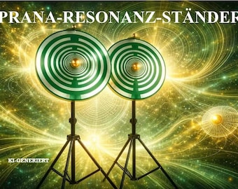 Puede incluir: Dos discos circulares con patrones verdes y blancos montados sobre trípodes negros. Cada disco presenta una esfera dorada central. El texto PRANA-RESONANZ-STÄNDER aparece en la parte superior, con KI-GENERIERT abajo a la izquierda y LB abajo a la derecha.