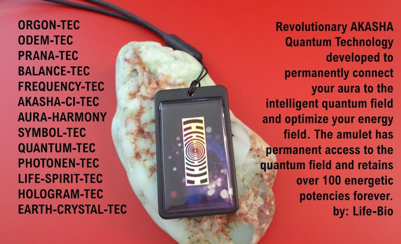 May include: A black pendant with a geometric design is displayed on a light green stone against a red background. The pendant is attached to a black cord. Text on the left lists various -TEC terms, while text on the right describes the pendant's quantum technology.