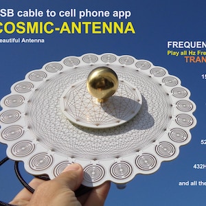May include: A white circular antenna with a gold sphere in the center. The antenna has a series of concentric circles around the sphere. The text "COSMIC-ANTENNA" is written in yellow letters at the top of the image. The text "FREQUENCE-Hz" is written in black letters at the top right of the image. The text "Play all Hz Frequencies" is written in black letters below "FREQUENCE-Hz". The text "TRANSFAIR" is written in black letters below "Play all Hz Frequencies". The text "150Hz", "417Hz", "128Hz", "999Hz", "528Hz", "777Hz", "432Hz", and "and all the others" is written in black letters below "TRANSFAIR".