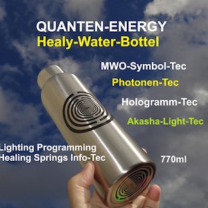 May include: A silver water bottle with a black and white circular design. The bottle is labelled "QUANTEN-ENERGY Healy-Water-Bottel" and has the text "MWO-Symbol-Tec, Photonen-Tec, Hologramm-Tec, Akasha-Light-Tec, Lighting Programming, Healing Springs Info-Tec, 770ml" printed on it.