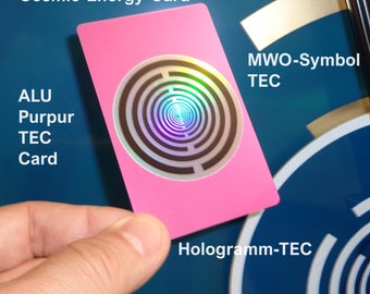 May include: A pink card with a holographic circular design featuring a maze pattern. The card has the text "Cosmic-Energy-Card", "ALU Purpur TEC Card", "MWO-Symbol TEC", and "Hologramm-TEC" printed on it.
