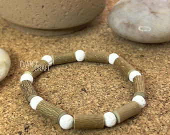 White Lava Stone and Quebec Hazelnut Wood Bracelet – 6mm Beads on Stretchy Cord – Custom Size