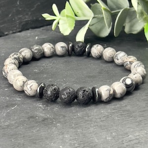 Aromatherapie-Armband aus Kartenjaspis und schwarzem Lavastein | 6mm/8mm/10m | Graues Armband • ausziehbar • Diffusor-Armband