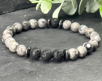 Aromatherapy bracelet map jasper stone and black lava stone | 6mm/8mm/10m | Grey bracelet • expandable • Diffuser bracelet