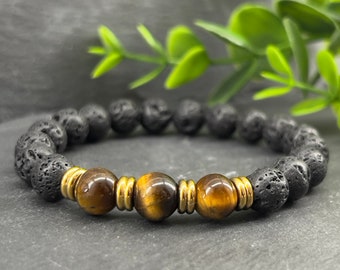 Tiger Eye Diffuser Bracelet | Custom Size ~ Black Lava Stone / Tiger Eye | Therapeutic Bracelet | Unisex | Holistic