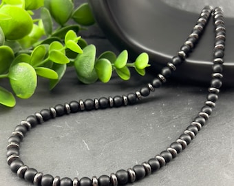 Black onyx and hematite stone necklace ~ custom size ~ unisex ~ natural stone ~ black necklace