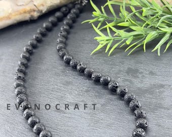 8mm Natural Lava Stone Necklace - Custom Length - Aromatherapy - Black Necklace