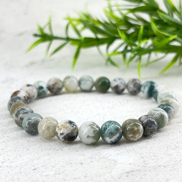 8mm tree agate bead bracelet ~ gemstone stretch bracelet, stacking bracelet ~ green bracelet