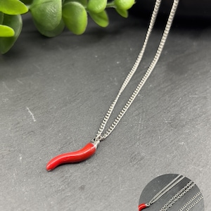 May include: A silver chain necklace featuring a red chilli pepper pendant. The pendant is a bright red colour. The image also shows three chain models available.