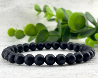 Matte Onyx Beaded Bracelet 6mm, 8mm, 10mm Matte, Gemstone Stretch Beaded Bracelet | black strap