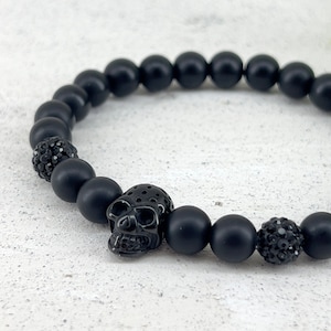 Black stainless steel skull bracelet ~ 8mm black onyx stone beads ~ skull bracelet ~ masculine men's gift ~ Halloween