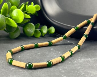 Hazelwood Jade Stone Necklace 6mm • Custom Size • Therapeutic Necklace • Green Natural Stone • Hazelwood • Wooden Necklace