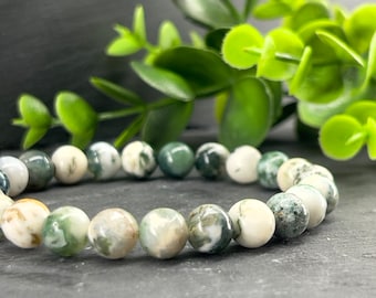 8mm Tree Agate Beaded Bracelet • Custom Size • Gemstone Stretch Bracelet, Stackable Bracelet ~ Green Bracelet
