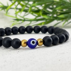 Black Evil Eye Bracelet ~ 6mm/8mm Beads ~ Protection Bracelet ~ Custom Size ~ Evil Eye Jewelry
