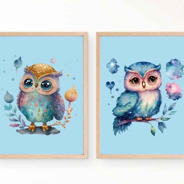 OWL VALENTINES - Printable Owl Set of 2 Prints | Bonus Gift-4 Valentine Cards | Owl Nursery Blue Decor | Boho Nursery Print | Printable Art