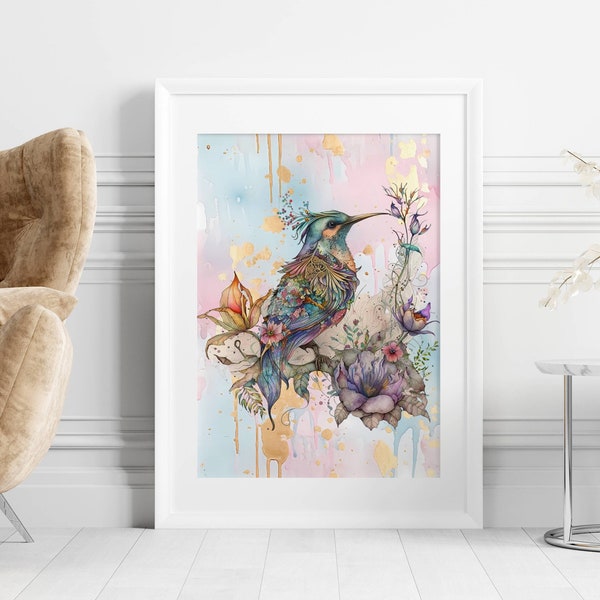 GOLD BIRD PRINT Watercolor Woodland Painting Bird Decor  Bird Printable Fairytale Bird Art Wall Decor Elegant Bird Wall Decor Charming Space