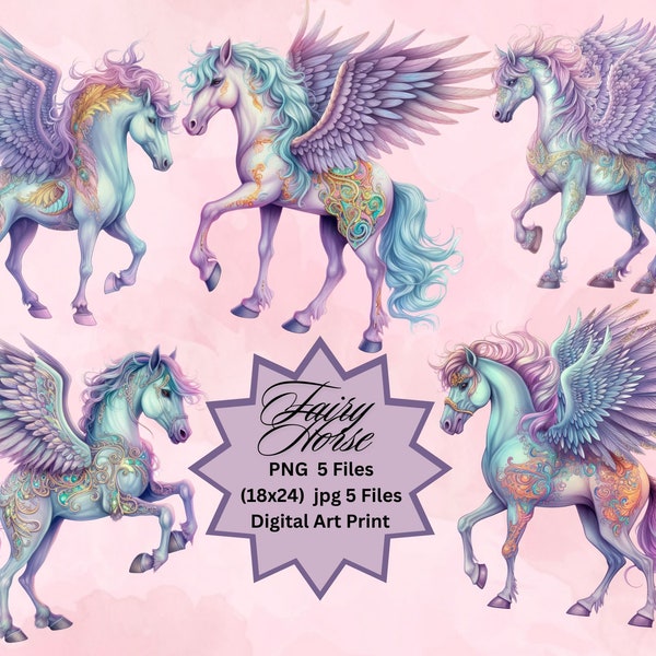 Unicorn Wall  Decor, Nursery Wall Art, Girl Room Decor, Pastel Fairy Horses Set Of 5, Printable Wall Art, Download PNG DIGITAL Unicorn Gift