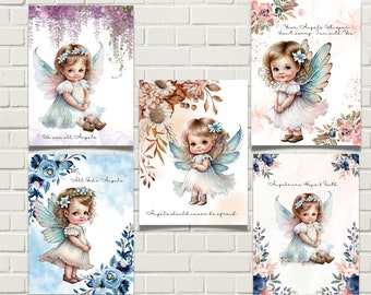 Child Angels Cards  Set of 5  Cute Angels Illustration Angel Art Scrapbooking Crafting Bundle Digital Paper Card Making Commercial Use