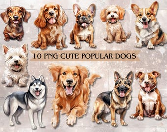 Popularny uroczy pies akwarela clipart pakiet PNG grafika do druku ilustracja zwierzę sublimacja projekt cyfrowe pobieranie zwierzę DIY album ze zdjęciami