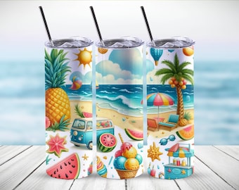 Emballage de gobelet Summer Vibes, design de gobelet à sublimation maigre 20 oz, design de sublimation d'été aquarelle, gobelet de plage téléchargements PNG
