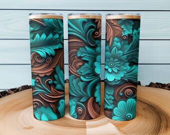 Tooled Leather Floral 20 Oz Skinny Tumbler Sublimation Design Western ...
