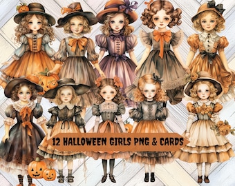May include: Watercolor illustration of 12 girls in vintage Halloween costumes, including dresses, hats, and bows. The girls are in shades of orange, brown, and gray. The text "12 Halloween Girls PNG & Cards" is displayed.