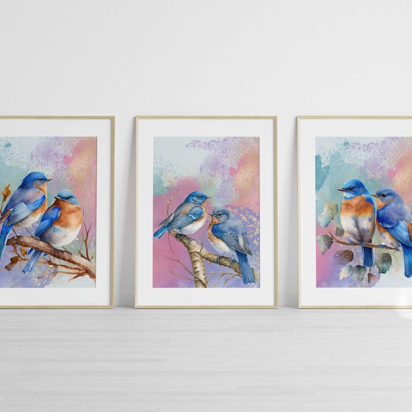 BLUE BIRD PRINT Watercolor Woodland Painting Bird Decor Bluebird Couple Watercolor Painting Blue Bird Printable Bluebird Art Wall Decor