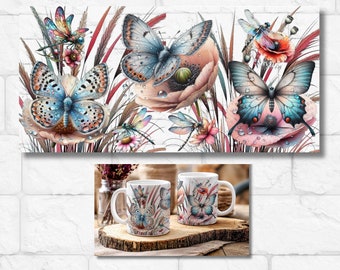Butterfly Mug Wrap, 11oz and 15oz Mug Template, Mug Sublimation Design, Coffee Mug Wrap Template, Digital Download PNG Birthday Gift for Her