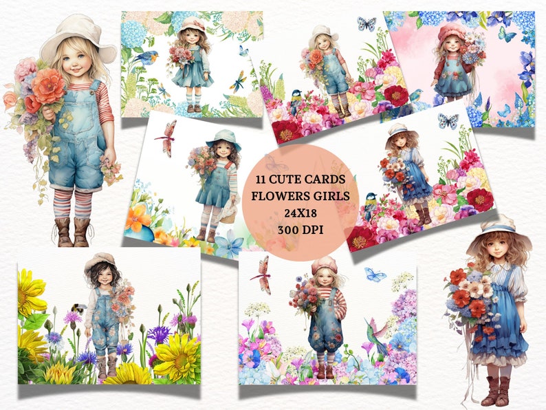 Girls With Bouquet Wildflower Clipart, Printable Watercolor Clipart ...