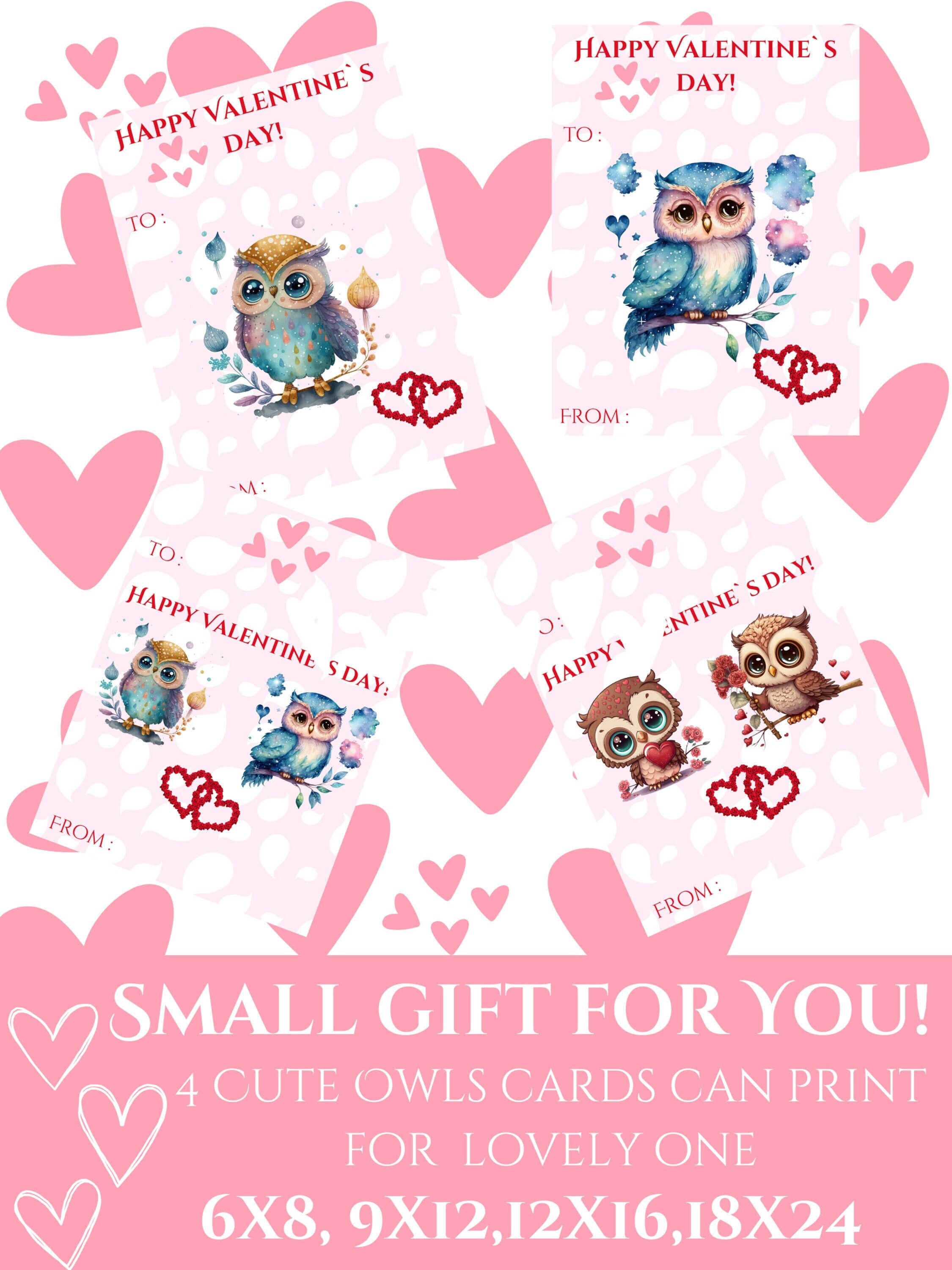 OWL VALENTINES Printable Owl Set of 2 Prints Bonus Gift-4 Valentine ...