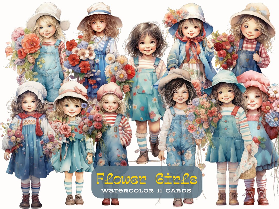 Girls With Bouquet Wildflower Clipart, Printable Watercolor Clipart ...