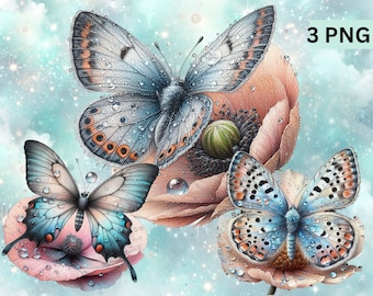 May include: Three blue butterflies with white and orange markings are perched on pink flowers with dew drops. The butterflies have delicate wings and are surrounded by a light blue and white background.