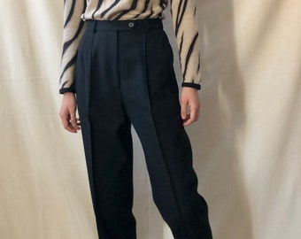 vintage black wool trousers, highwaisted lined wool tailored pants pleat front, talbots 2p black suit pants