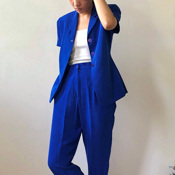 vintage silk short sleeve pantsuit, 2pc matching set, cobalt electric blue size 4p