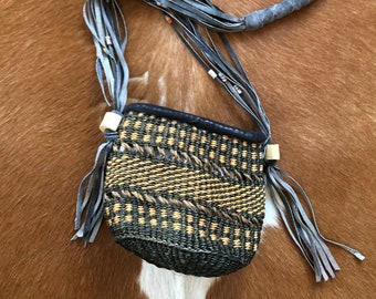 vintage woven rattan small crossbody bag with beaded leather fringe strap, wicker basket bag suede leather shoulder bag