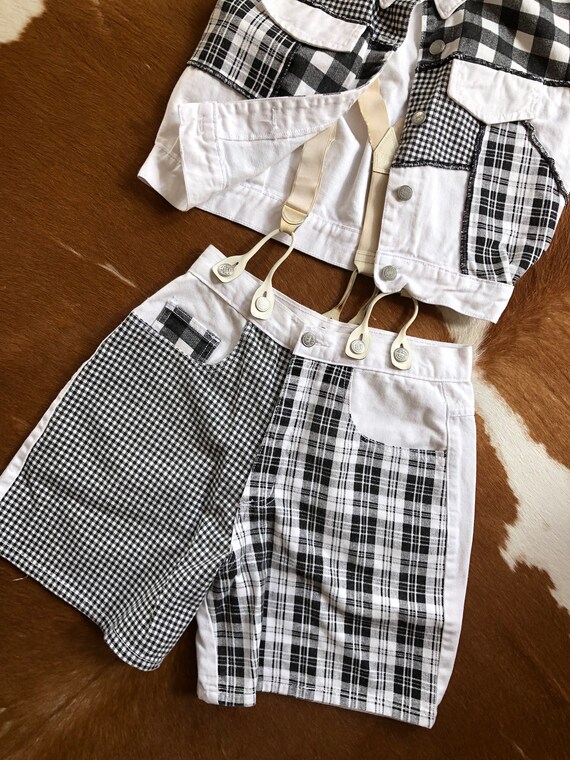 patchwork bw plaid denim vest & matching jean sho… - image 3