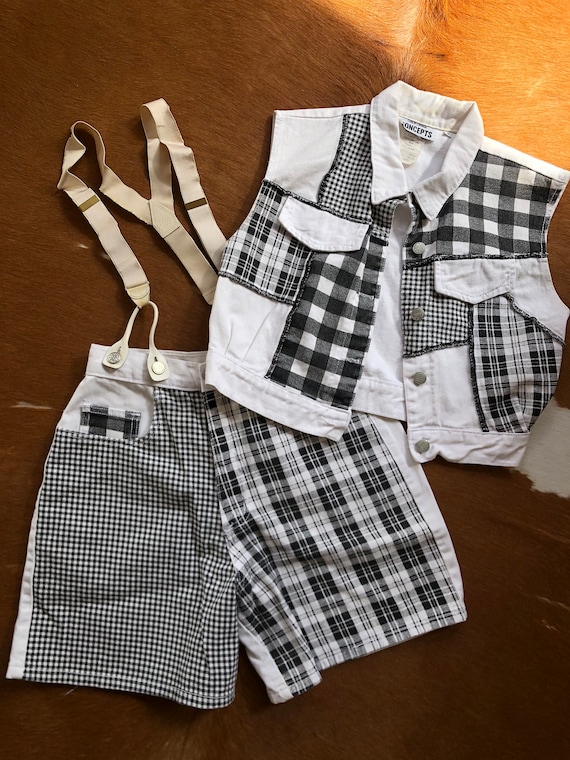 patchwork bw plaid denim vest & matching jean sho… - image 1