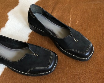 Mocasín de punta cuadrada y2k, mocasín de cuero de ante negro con costuras en contraste, mocasín cómodo sin cordones estilo camper mocasín vintage