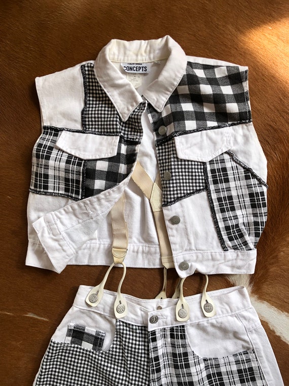 patchwork bw plaid denim vest & matching jean sho… - image 2