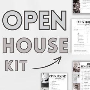 May include: A graphic titled "Open House Kit" featuring various documents for real estate. The kit includes checklists, feedback forms, and guides for the home buying process. The text is in gray and black on a white background.