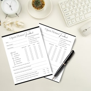 May include: Black and white open house feedback form with a checklist for rating different aspects of a house, such as price, location, floor plan, kitchen, bathrooms, bedrooms, and curb appeal. The form also asks questions about the real estate agent and whether the person is interested in writing an offer on the house.