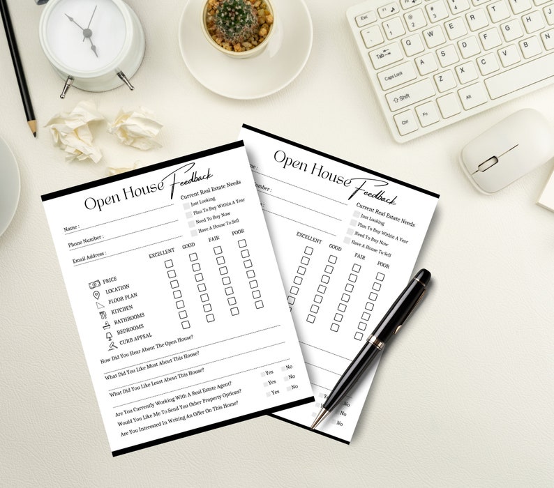 May include: Black and white open house feedback form with a checklist for rating different aspects of a house, such as price, location, floor plan, kitchen, bathrooms, bedrooms, and curb appeal. The form also asks questions about the real estate agent and whether the person is interested in writing an offer on the house.