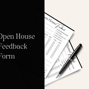 May include: A black and white open house feedback form with check boxes for rating different aspects of the real estate experience. The form includes questions about current real estate needs, such as if the person is looking, planning to buy within a year, needs to buy now, or has a house to sell. The form also includes a rating scale for the overall experience, with options for excellent, good, fair, and poor.