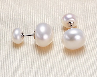 Double Sided Ball Earrings, Double Pearl Stud Earrings, Two Pearl Stud Earrings, Front and Back Pearl Stud Earrings, Classic Pearl Studs