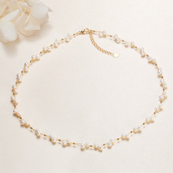 18k Gold Pearl Necklace, Dainty Freshwater Pearl Necklace, Tiny Pearl Necklace, Bridesmaid Gifts