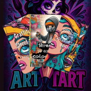 street art graffiti style colouring books, digital download to print or tablet, bold lines