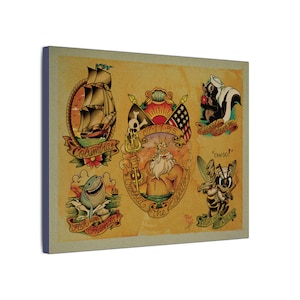 Puede incluir: Impresión en lienzo con diseños de tatuajes de estilo vintage. La obra de arte incluye un barco de vela, un tiburón, un zorrillo, una abeja y a Poseidón. Cada diseño va acompañado de texto, y la paleta de colores es principalmente amarilla, roja y negra.