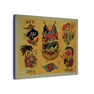 May include: Canvas art print featuring vintage-style tattoo designs. The artwork includes a pirate ship, mermaid, and tropical imagery, with text reading "DCL", "Disney Cruise Line", and "Castaway Cay". The color palette is primarily tan, red, and black.