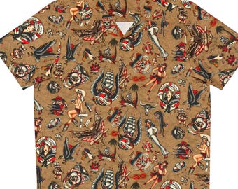 SM-5XL (BRUN) Tahiti Felix 75-årsjubileumstatuering Aloha-skjorta | Hawaiiskjorta | Tatueringsblixt | Aloha-skjorta | Tiki | Hawaiiana | Polynesisk